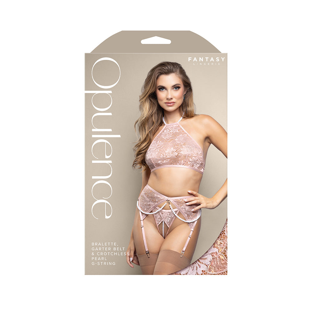Opulence Pearl Halter Bralette Garter & Crotchless G-String Lingerie SM
